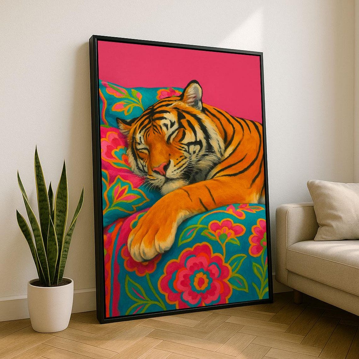 Sleeping Tiger Resting on Floral Cushion Pink Background Poster