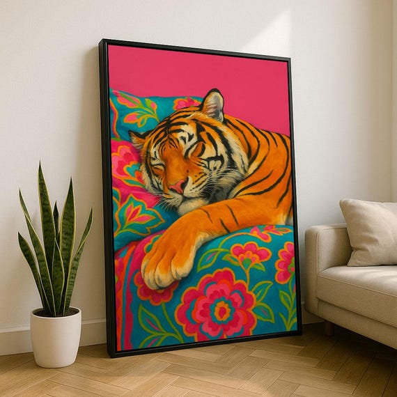 Vibrant Sleeping Tiger Canvas Wall Art Print Bold Bedroom Decor Statement Piece