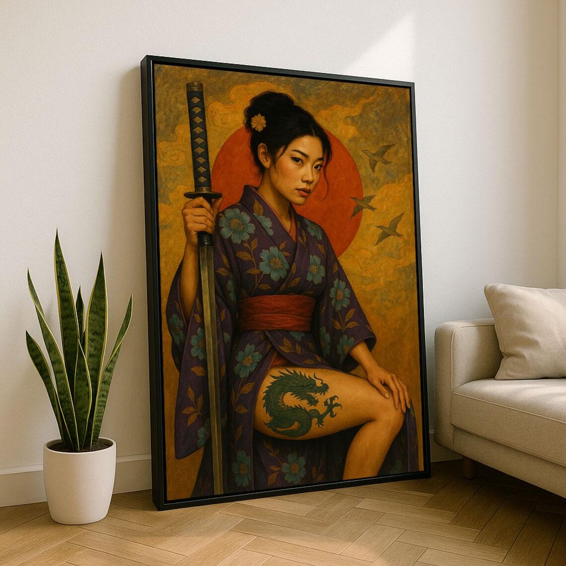 Japanese Swordswoman In Kimono Holding Katana Golden Sun Art Poster