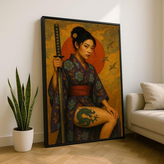 Japanese Samurai Woman Canvas Wall Art Print Bold Cultural Bedroom Decor Statement Piece
