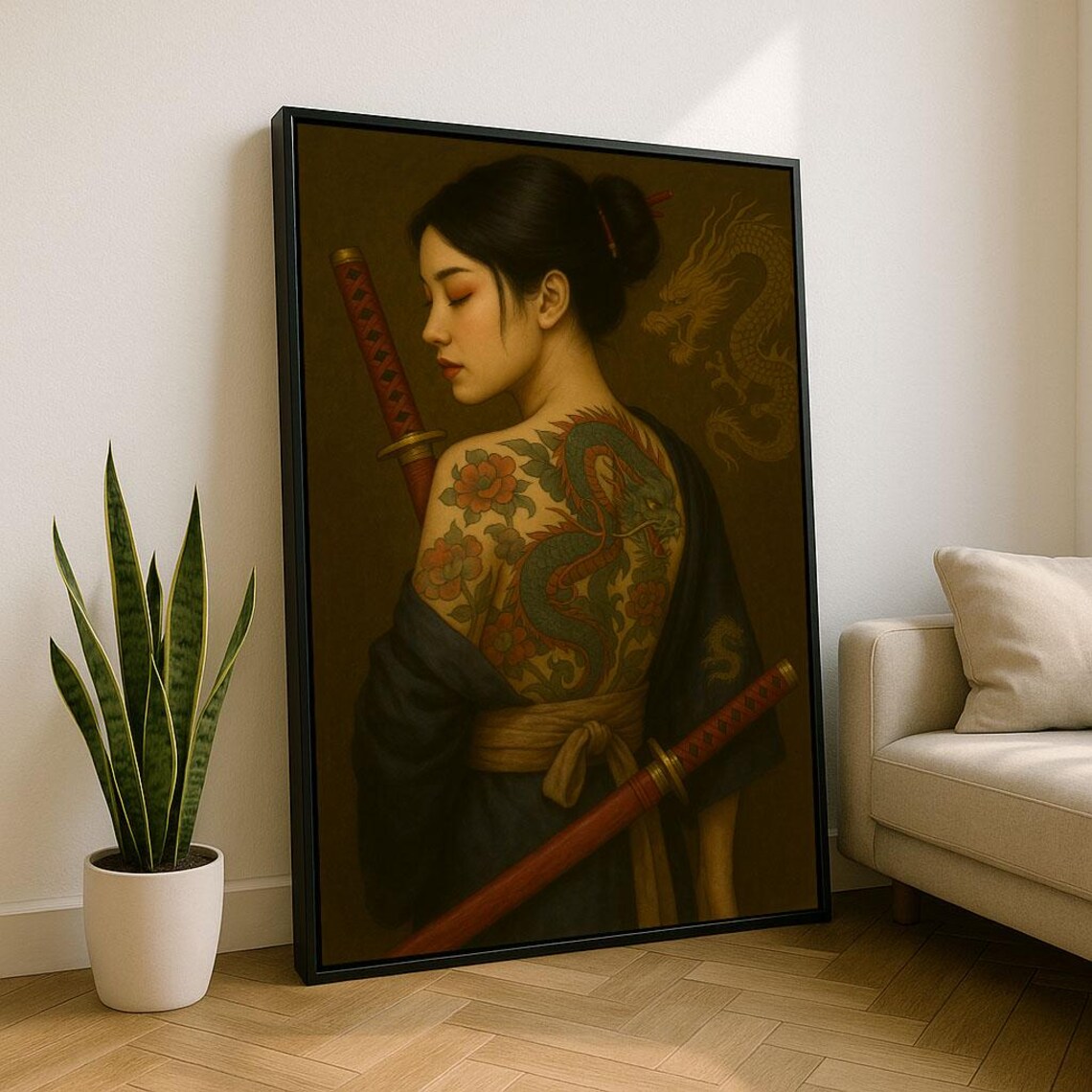 Tattooed Japanese Woman with Dragon Ink and Katana Golden Dragon Poster