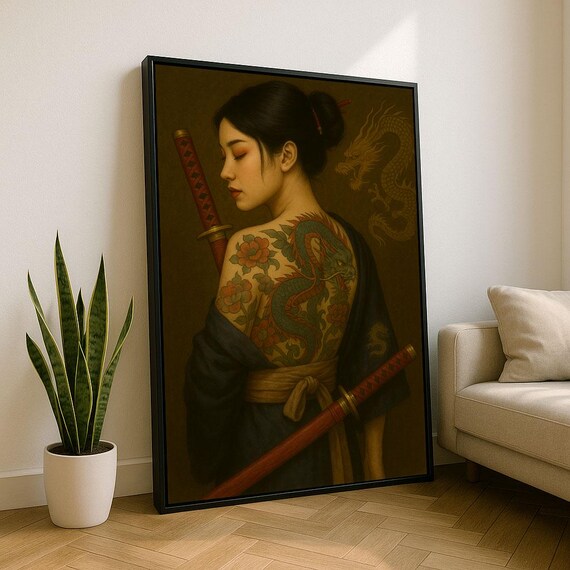 Elegant Japanese Woman With Dragon Tattoo Canvas Wall Art Print Bold Living Room Decor Statement Piece