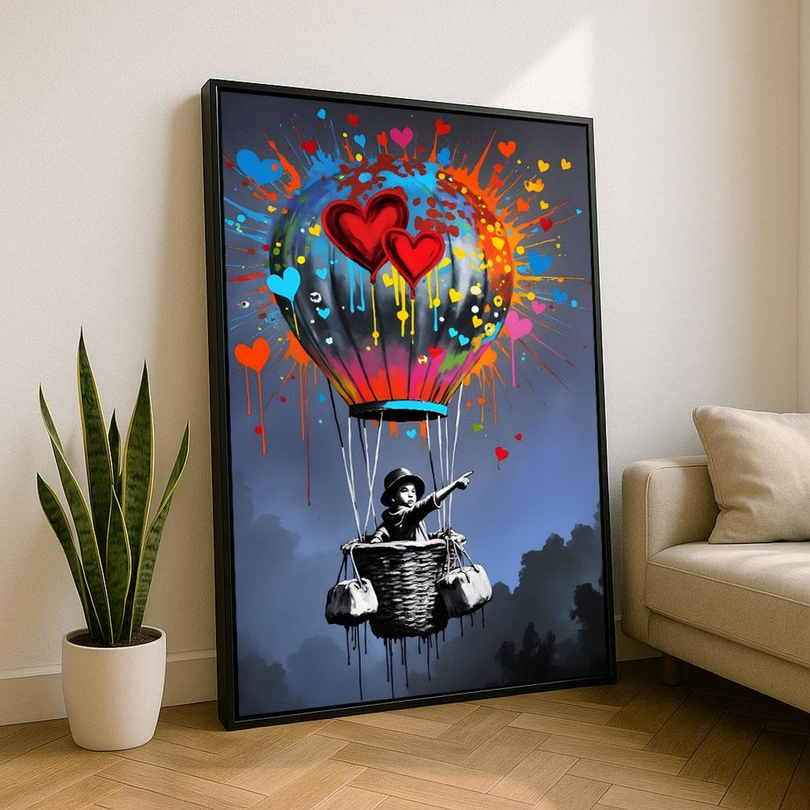 Boy In Balloon Basket Rainbow Hearts Graffiti Street Art Poster