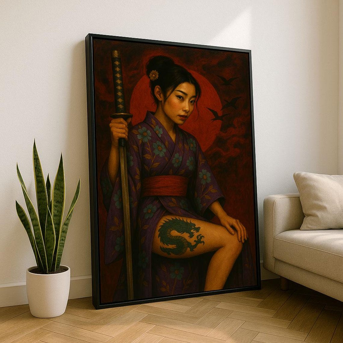 Kimono Woman With Dragon Leg Tattoo Red Disc Birds Sword Poster