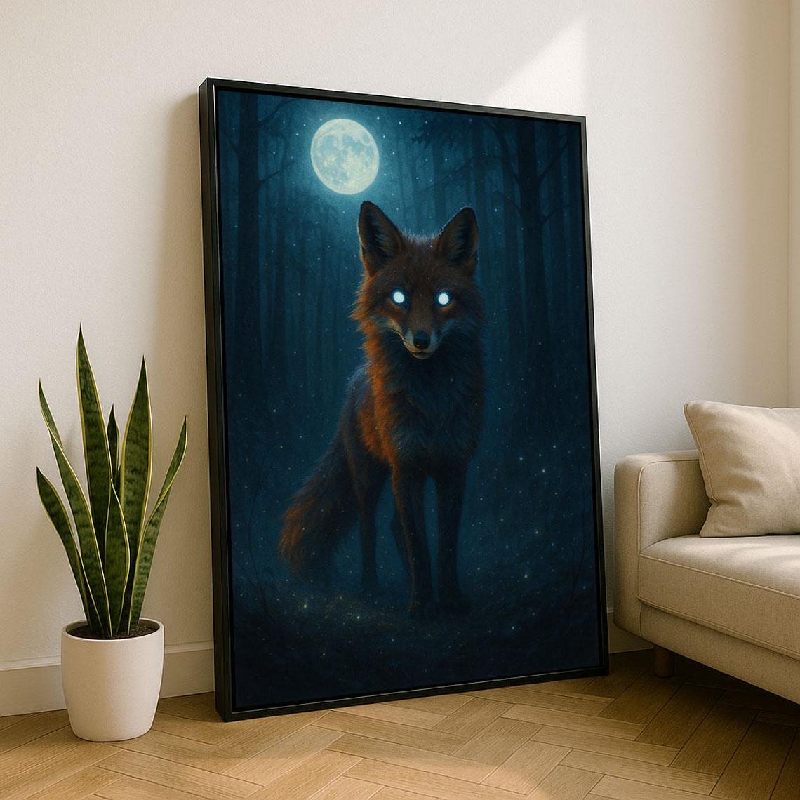 Mystical Fox Under Moonlight Canvas Wall Art Print Enchanting Living Room Decor Statement Piece