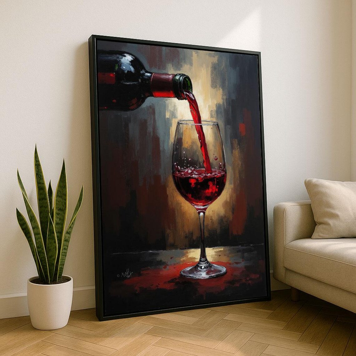 Red Wine Pouring Into Glass Dark Oil Painting Still Life Kitchen Art Poster