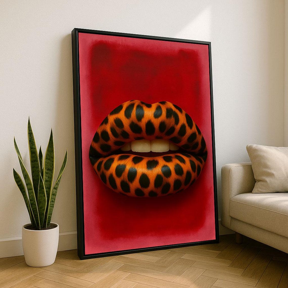 Bold Leopard Spot Lips Pop Art Style on Red Statement Poster