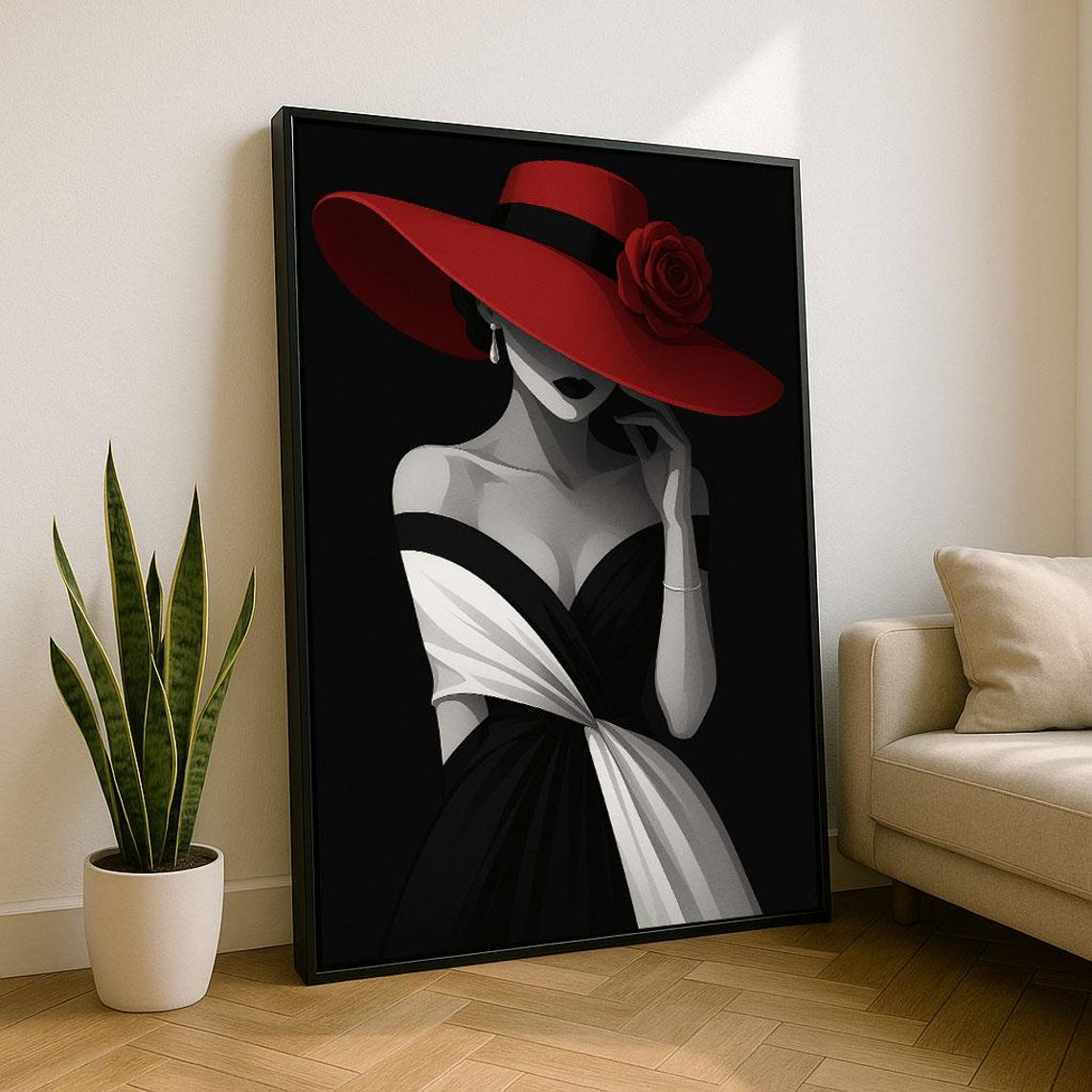 Elegant Lady In Red Wide Brim Hat Black White Fashion Art Poster