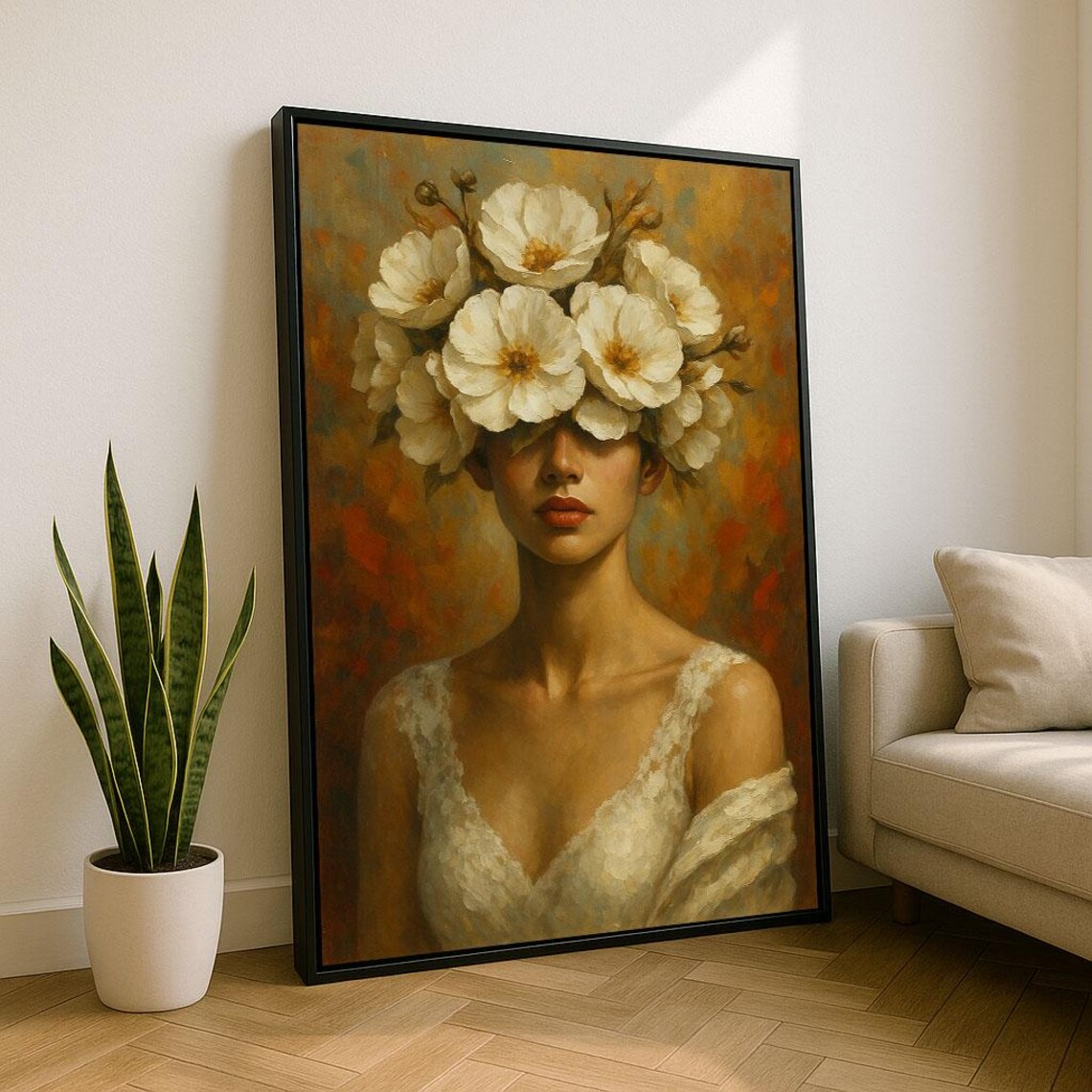 Elegant Floral Woman Portrait White Flower Crown Warm Tones Art Poster