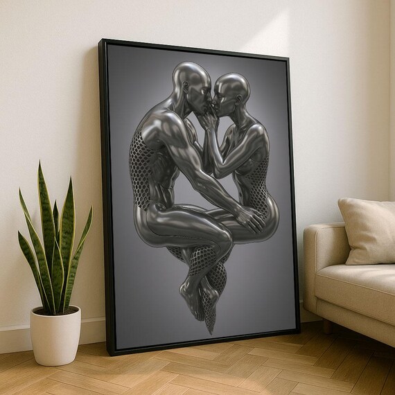 Futuristic Metallic Couple Embracing Silver Chrome Sculpture Poster