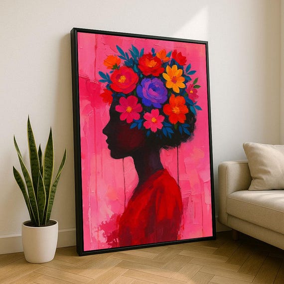 Bold African Woman With Floral Headdress Canvas Wall Art Print Vibrant Living Room Decor Statement Piece
