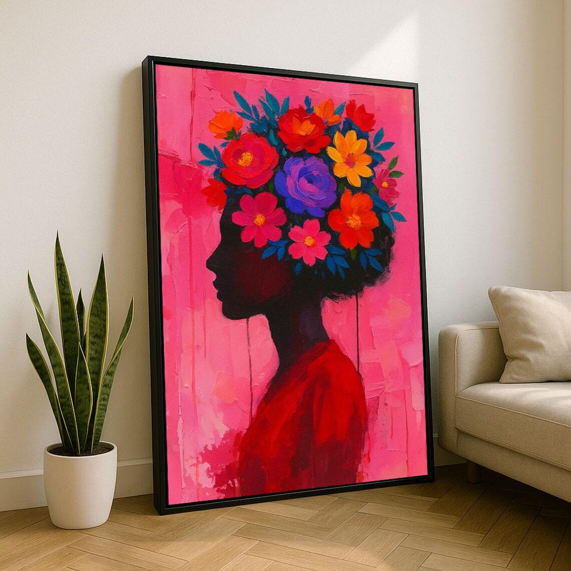 Silhouette Woman With Floral Headdress Pink Pop Art Portrait Poster