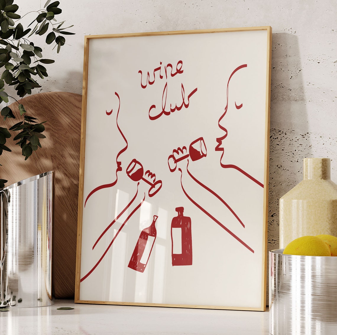 Wine Club Minimalist Red Line Art Toast Profiles Kitchen Poster - Image 4