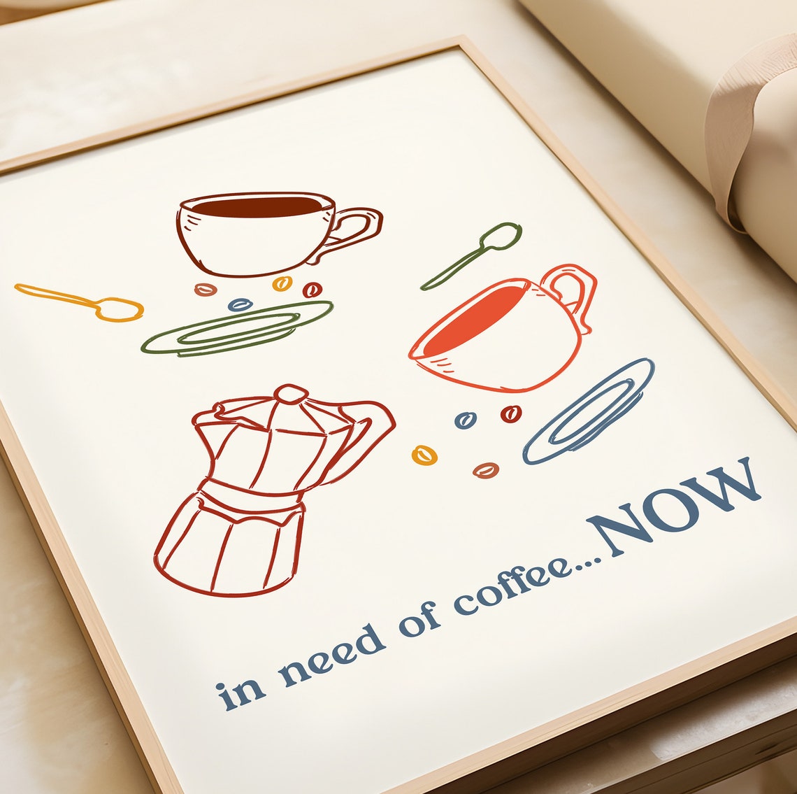In Need of Coffee Now Moka Pot and Cups Retro Kitchen Poster - Image 3