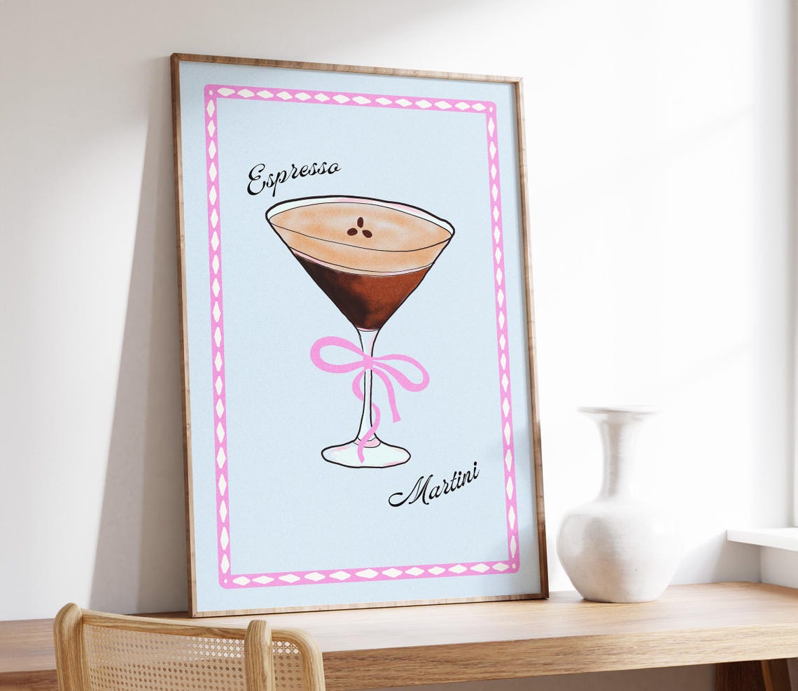 Espresso Martini Pink Bow Cute Coquette Blue Cocktail Art Poster