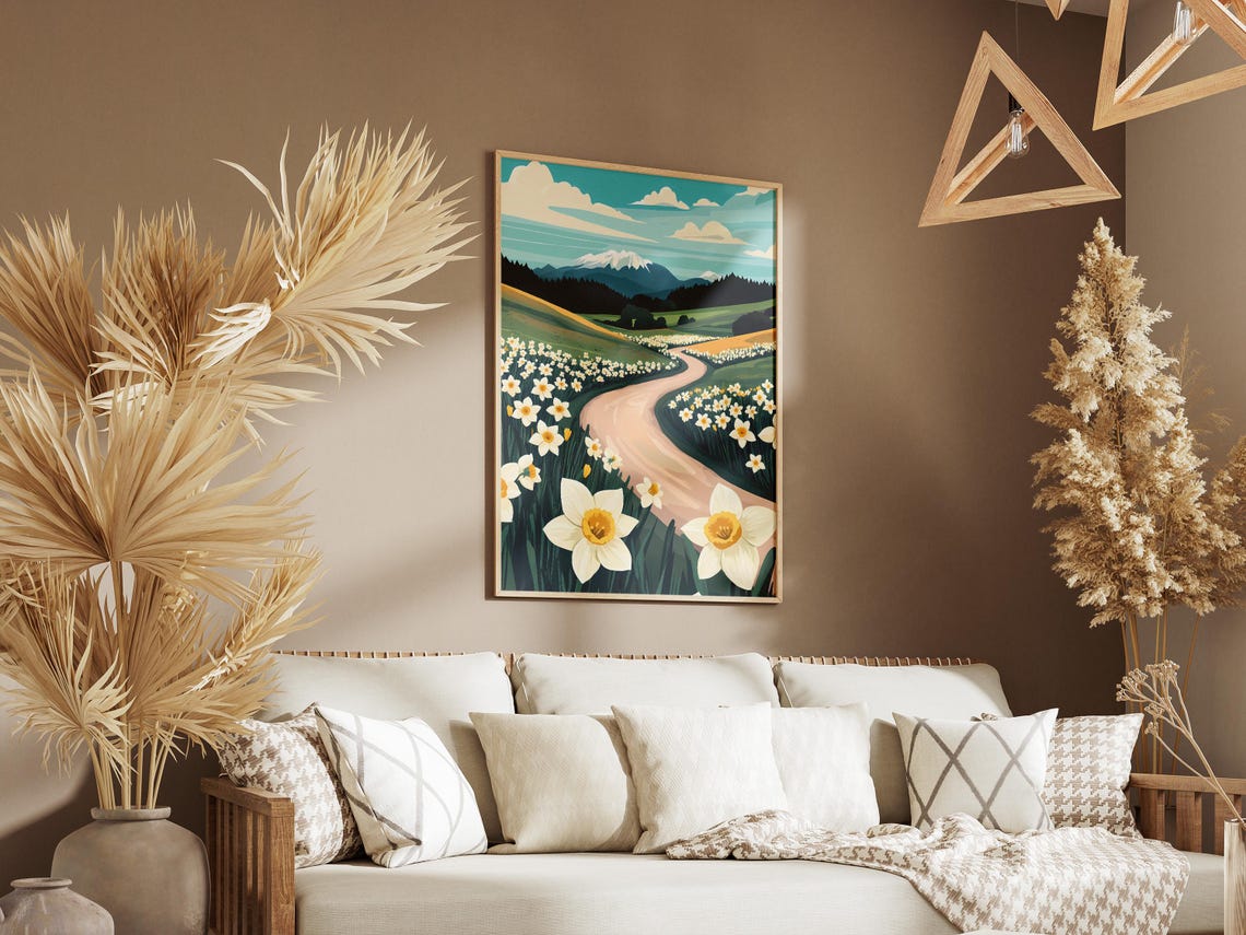 Countryside Road Through White Daffodil Fields Poster Snowy Mountain - Image 3