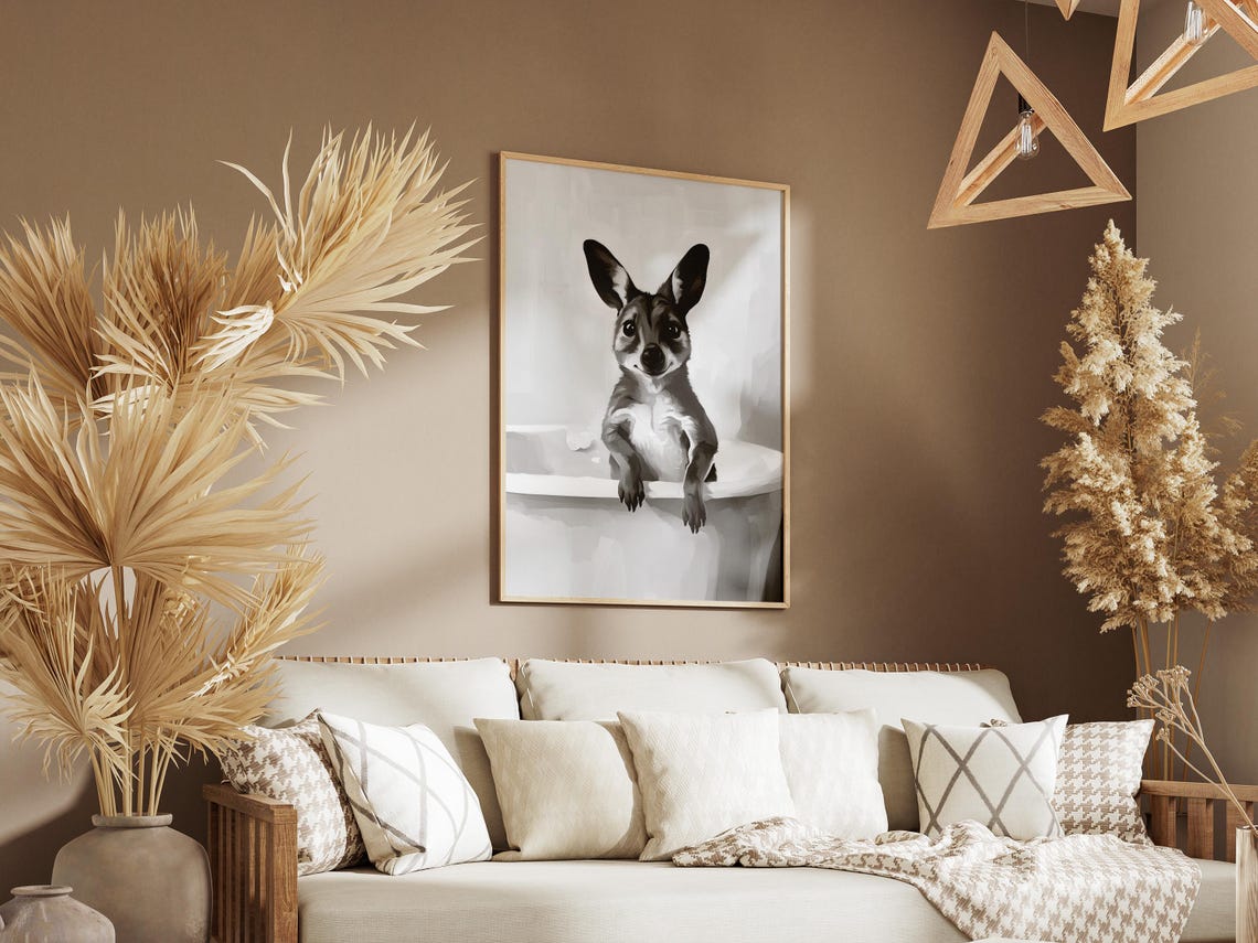 Kangaroo In Bathtub Poster Funny Animal Print Bathroom Wall Art Whimsical Decor Black And White Unique - Image 3