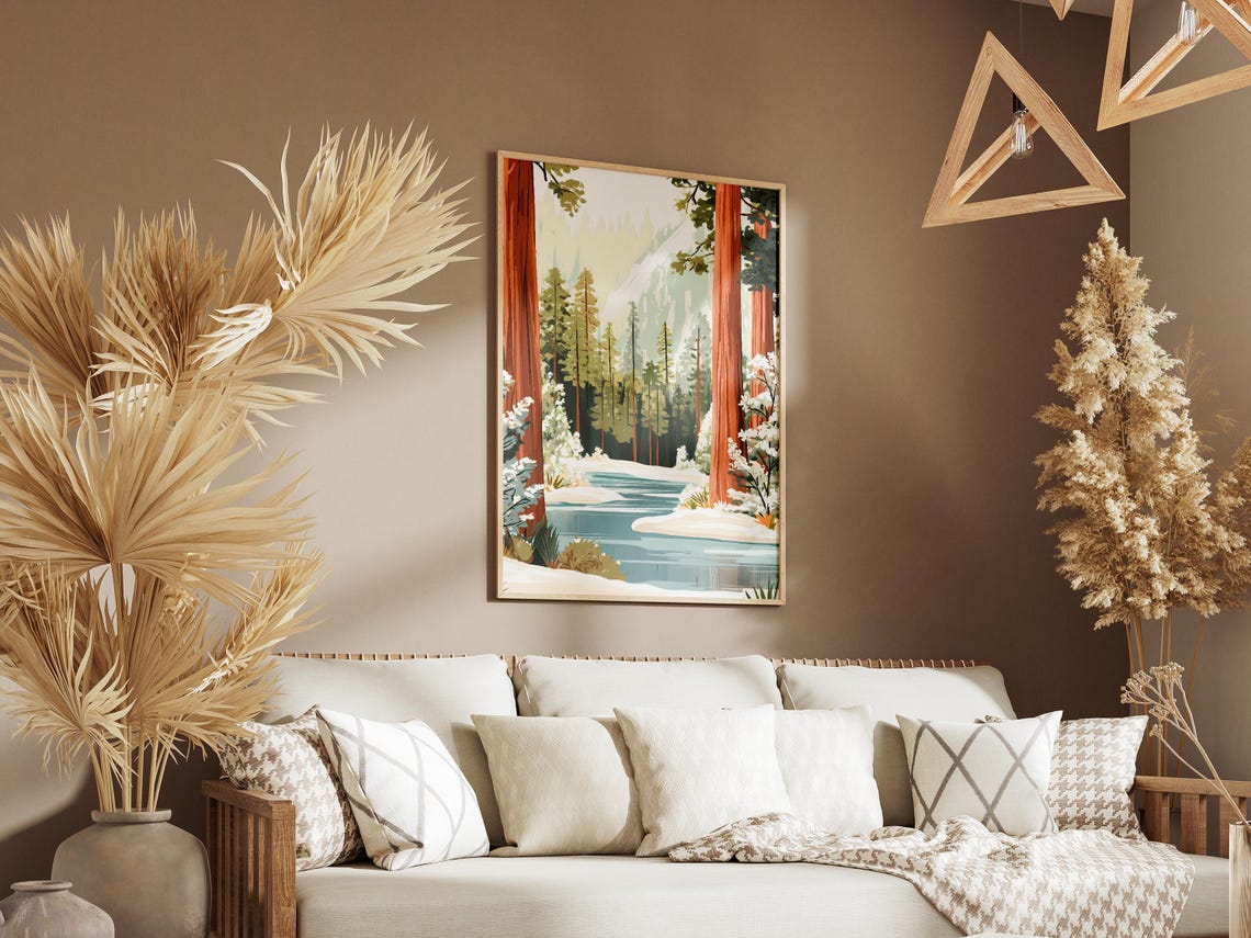 Snow Covered Winter Forest With Redwood Trees River Scene Poster - Image 3