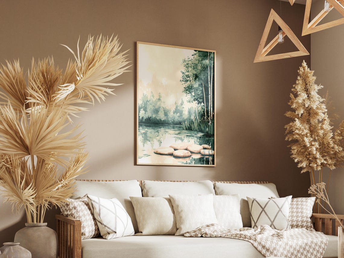 Misty Morning Pond With Stepping Stones And Birch Trees Poster - Image 3