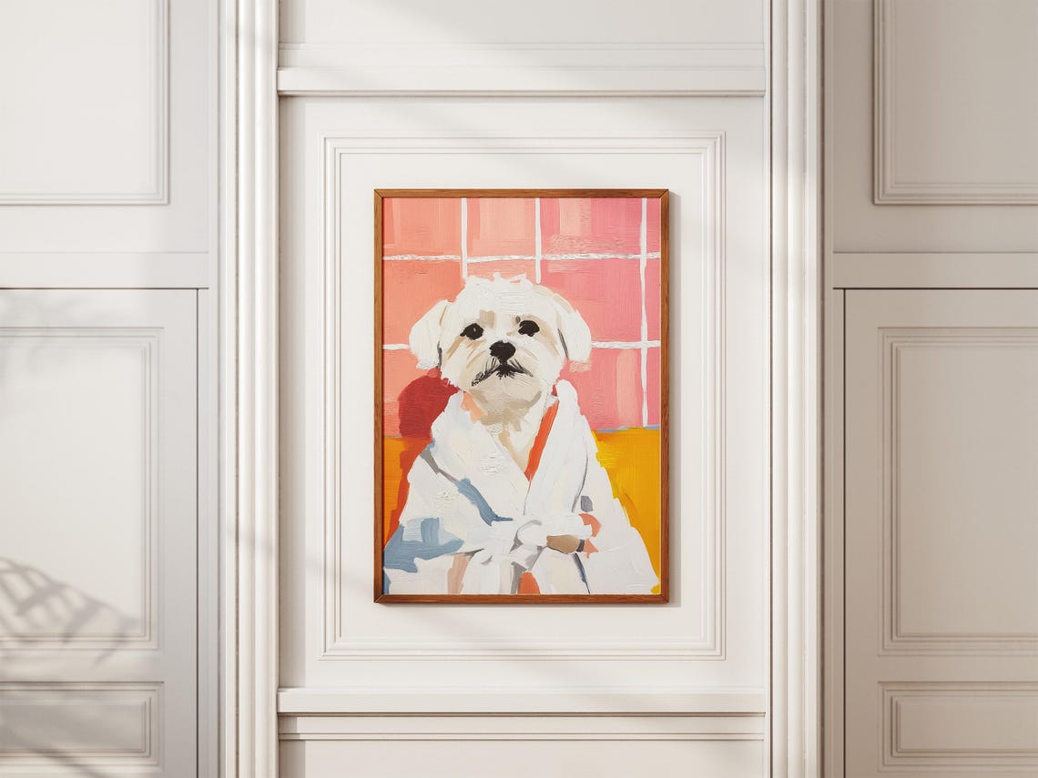 Maltese Dog in White Bathrobe Pink Tiles Painterly Art Poster - Image 2