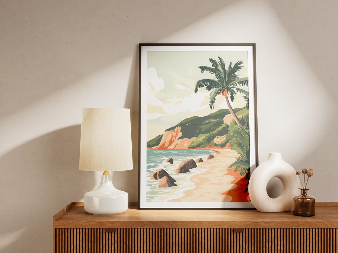 Tranquil Tropical Beach With Palm Tree And Rocky Shoreline Poster - Image 4