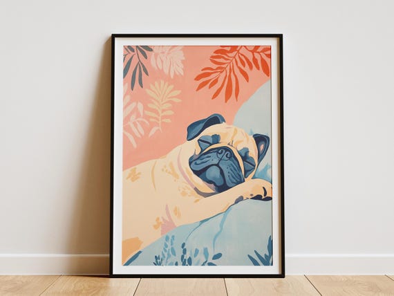 Pug Dog Sleeping Art Print, Modern Matisse Style