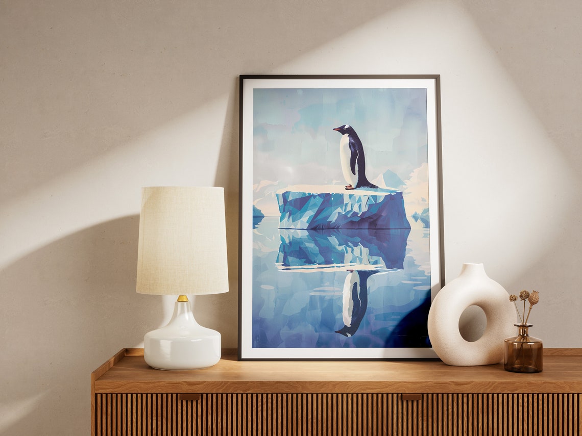 Arctic Penguin Iceberg Reflection Geometric Blue Wildlife Poster - Image 2
