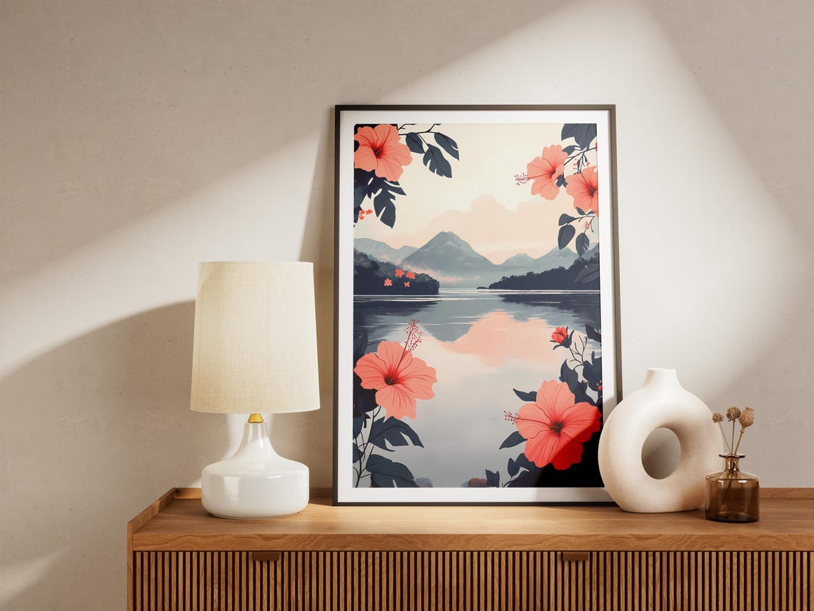 Blush Hibiscus Sunset Lake Misty Mountain Romantic Art Poster - Image 5