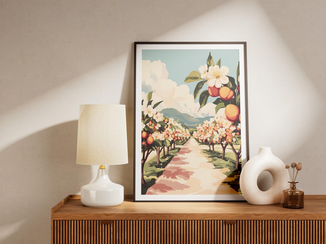 Sunny Citrus Orchard Path with Blossoms and Ripe Oranges Poster - Image 5