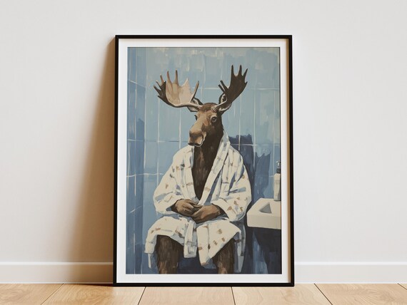 Moody Moose In White Bathrobe Blue Tile Bathroom Animal Poster