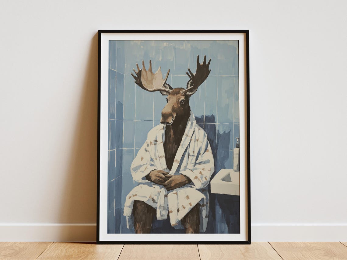Moody Moose In White Bathrobe Blue Tile Bathroom Animal Poster