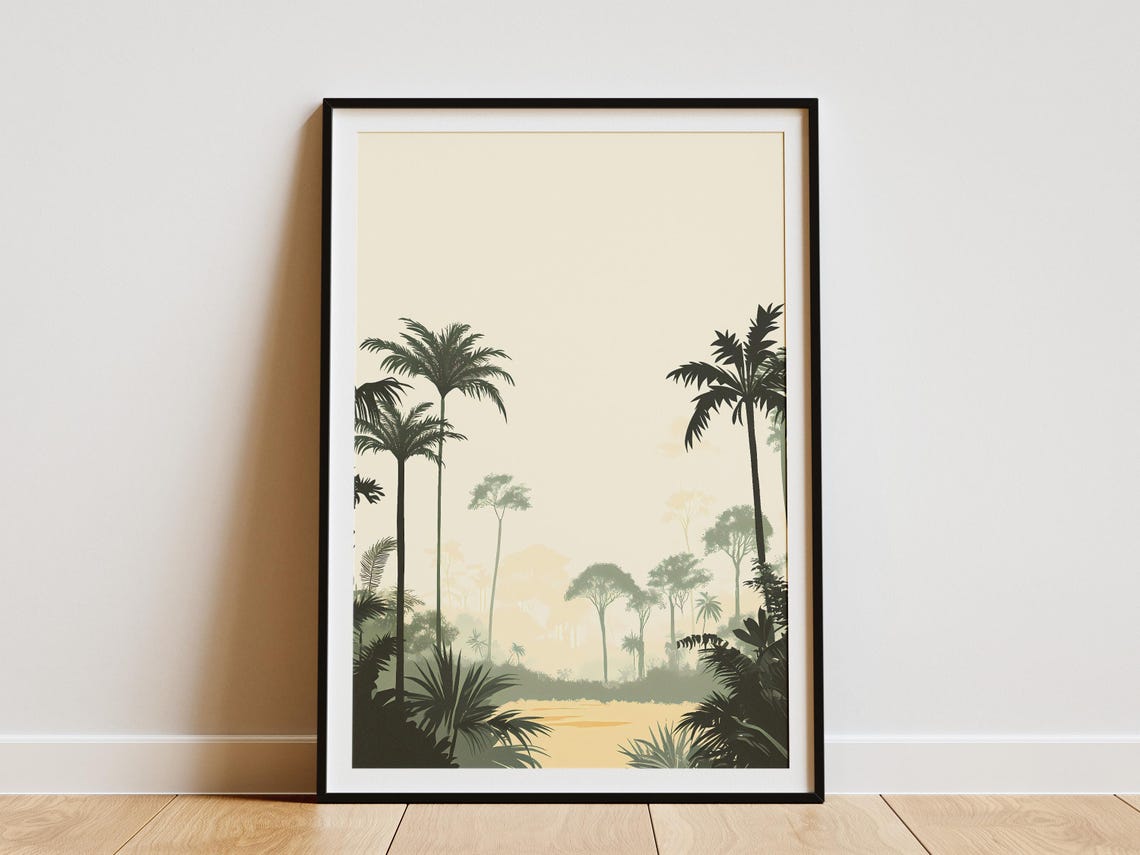 Misty Palm Tree Silhouettes Calm River Minimalist Nature Poster