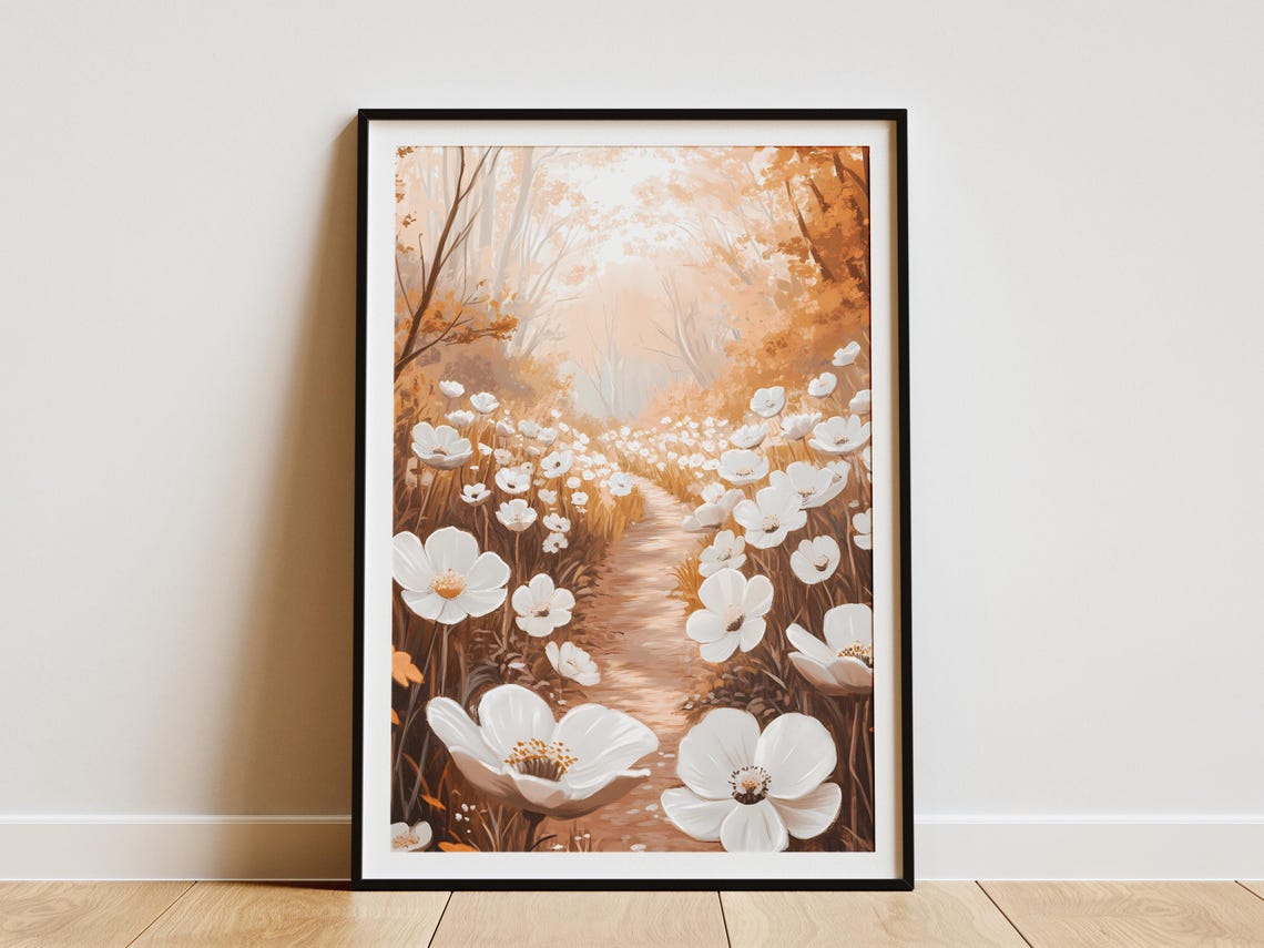 White Anemone Flower Path Golden Woodland Whimsical Art Poster