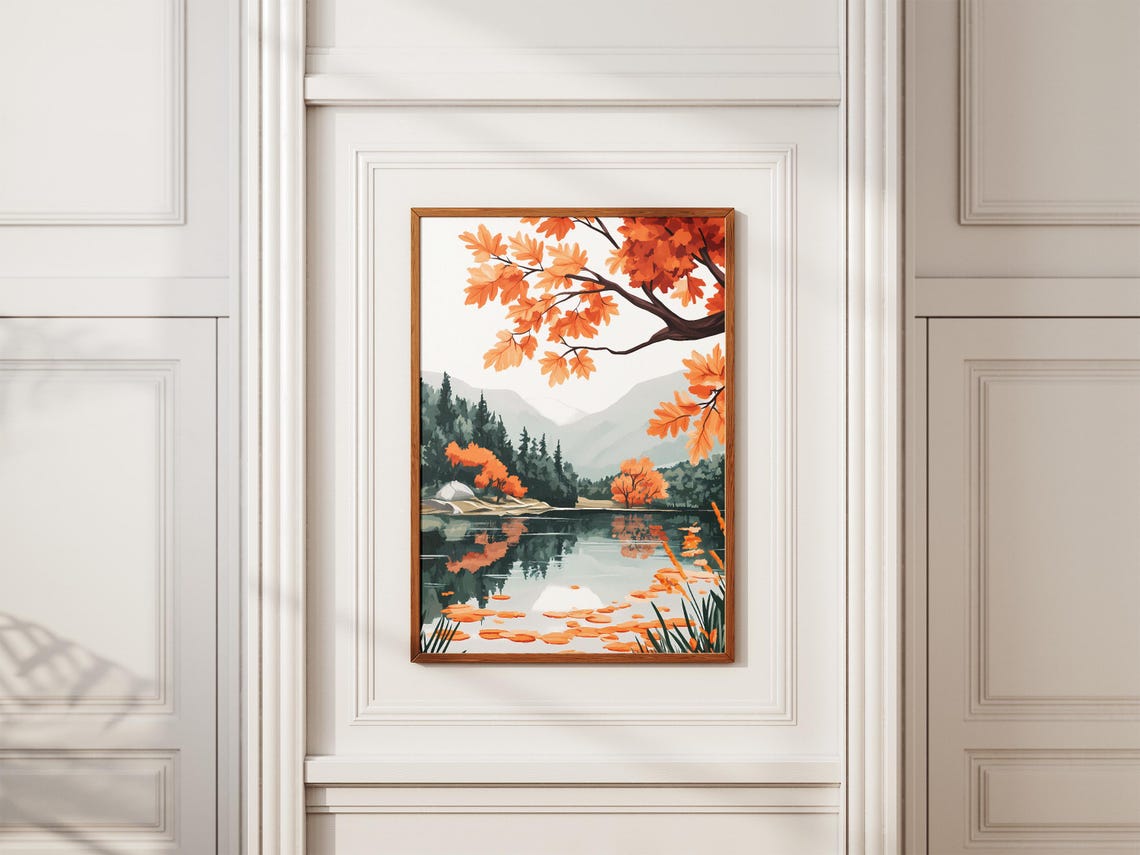 Autumn Lake Under Orange Maple Branches Mountain Scenery Poster - Image 2