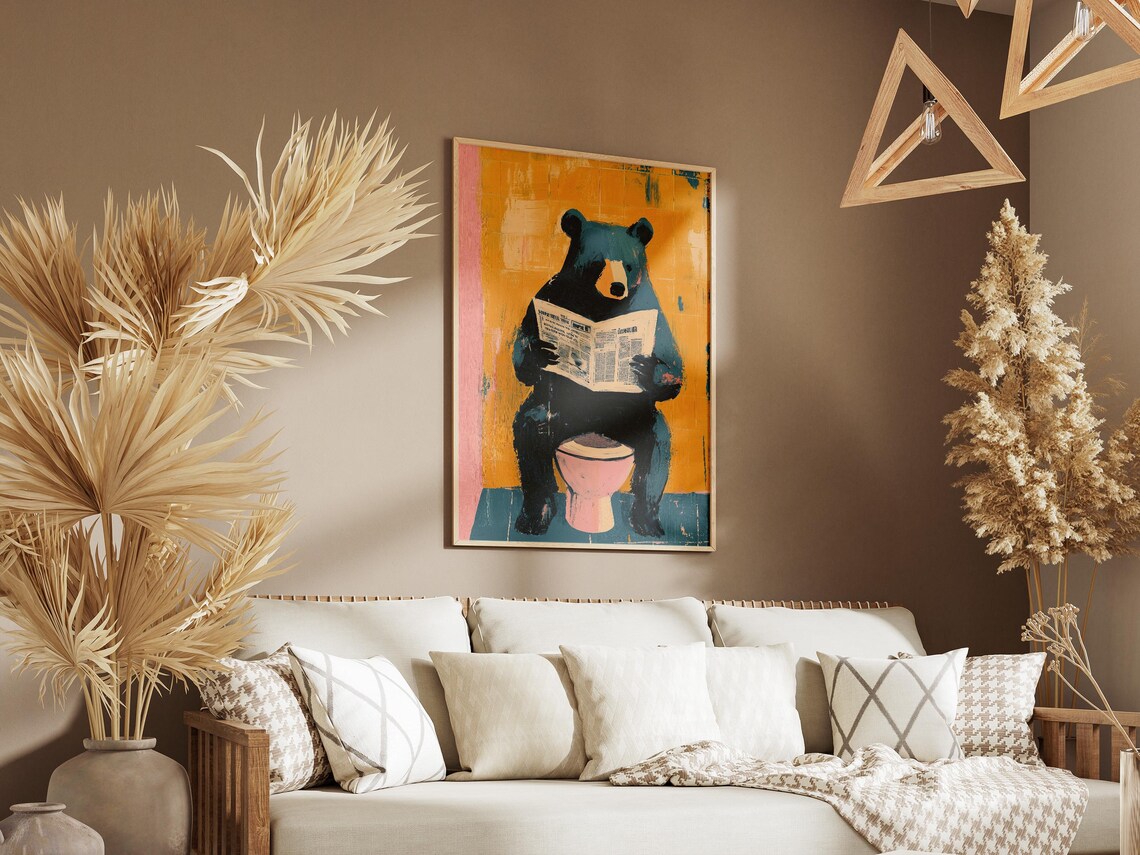 Humorous Bear On Toilet Reading Newspaper Art Print - Image 3