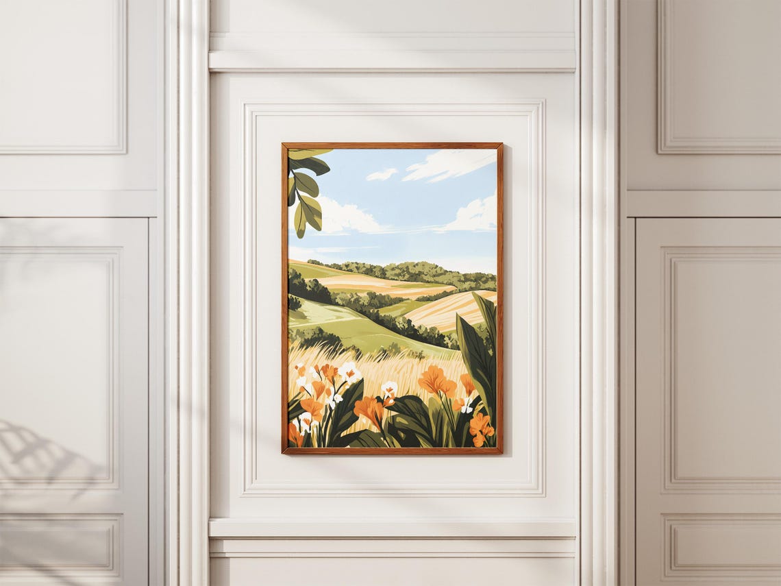 Green Valley Hills With Orange Wildflowers Spring Scene Poster - Image 2