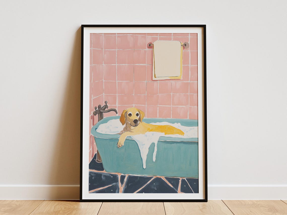 Golden Retriever Puppy in Bathtub Pink Bathroom Funny Dog Poster