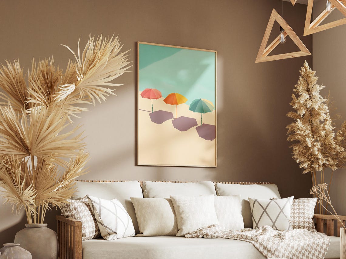 Three Colorful Beach Umbrellas Casting Shadows Mid Century Poster - Image 3