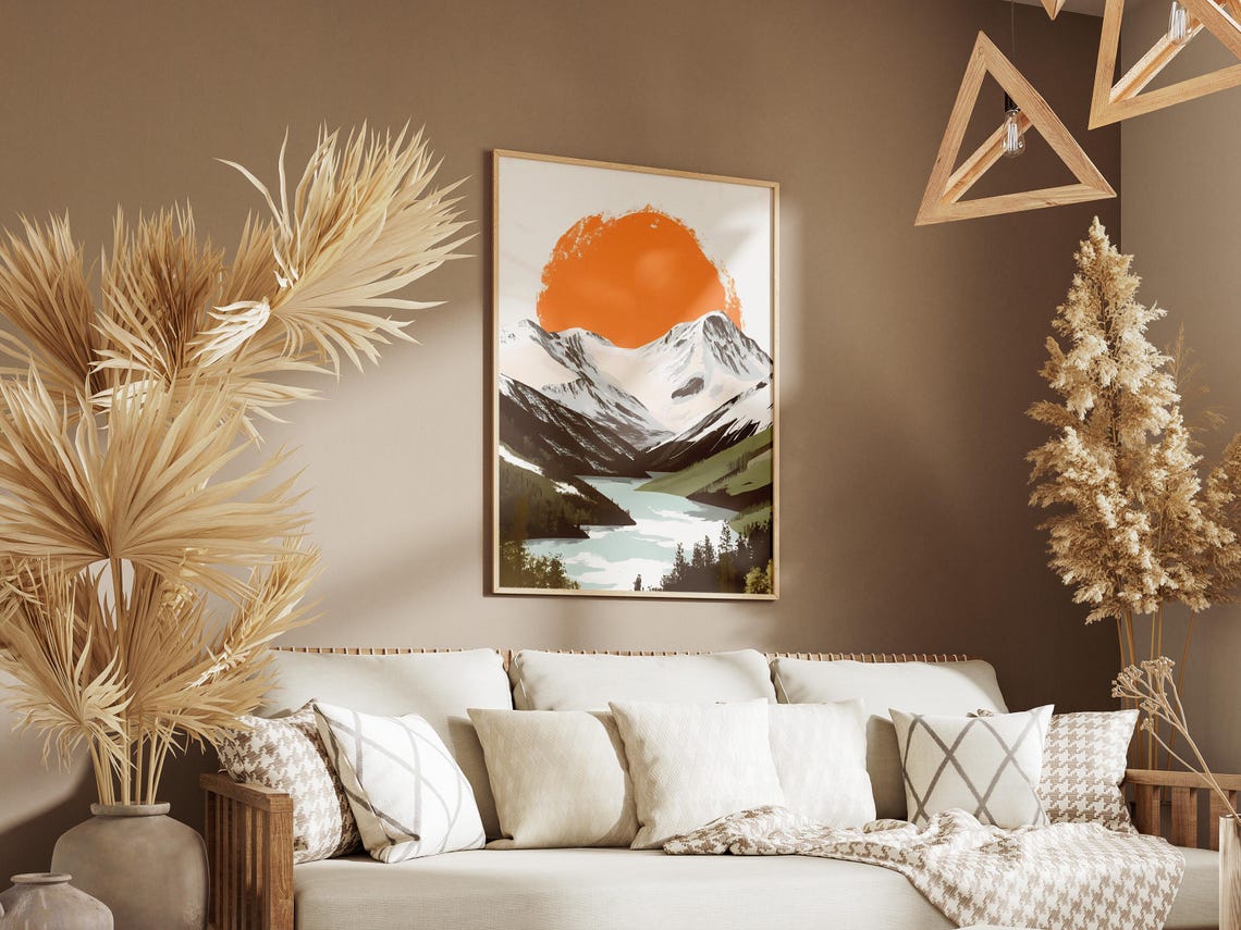 Brushstroke Sun Over Snowy Mountains Alpine Lake Scenic Poster - Image 3