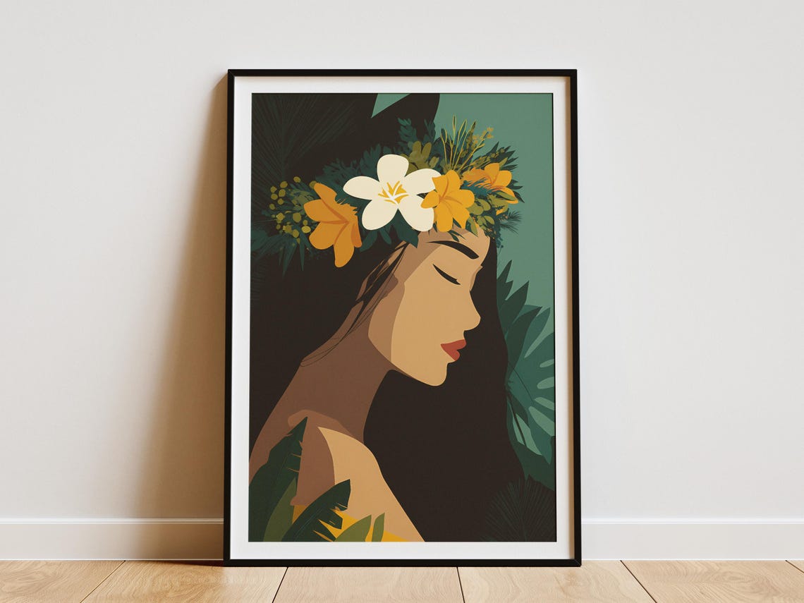Floral Crown Woman Portrait Art Print, Tropical Botanical