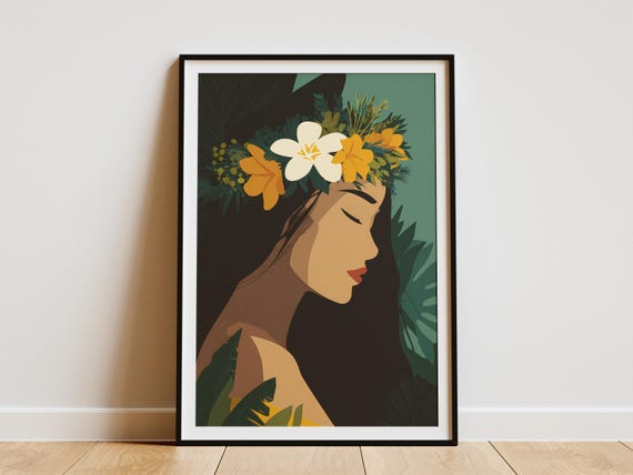 Floral Crown Woman Portrait Art Print, Tropical Botanical