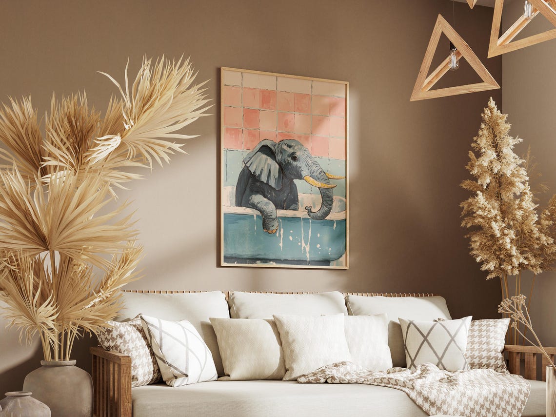 Baby Elephant Soaking in Blue Bathtub Pink Tile Bathroom Poster - Image 3