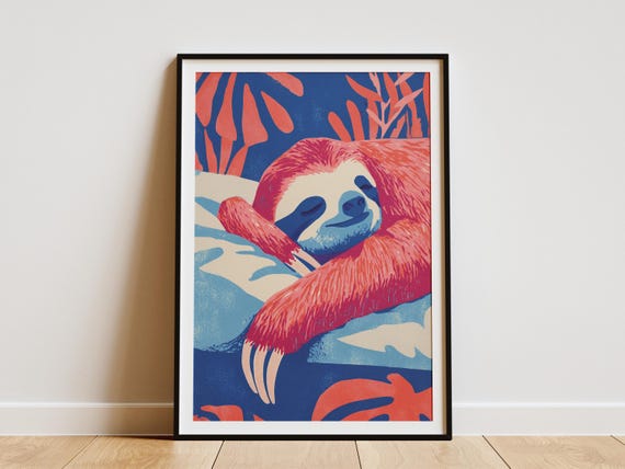 Matisse Style Sloth Sleeping Gouache Art Print Vibrant Blue Pink Tropical Animal Wall Decor Unique Nursery Bedroom Poster Gift