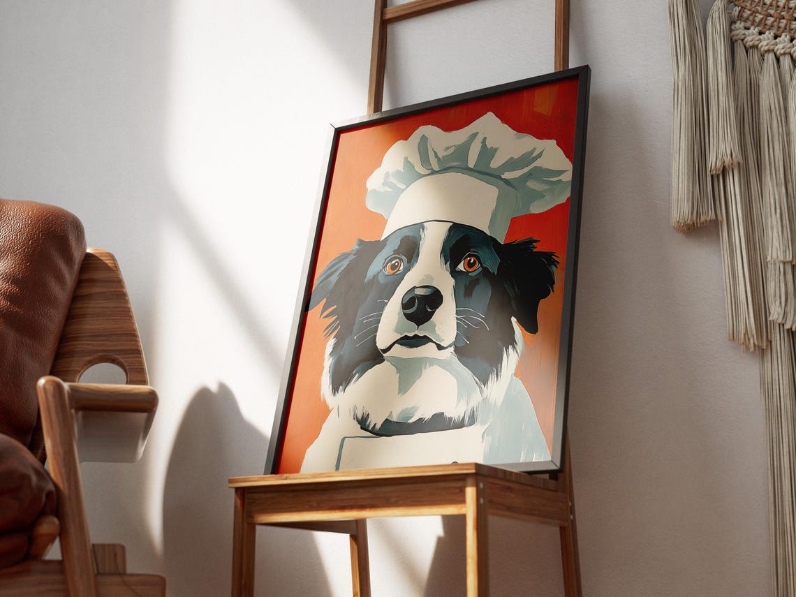 Border Collie Chef Whimsical Dog Portrait Orange Kitchen Poster - Image 3