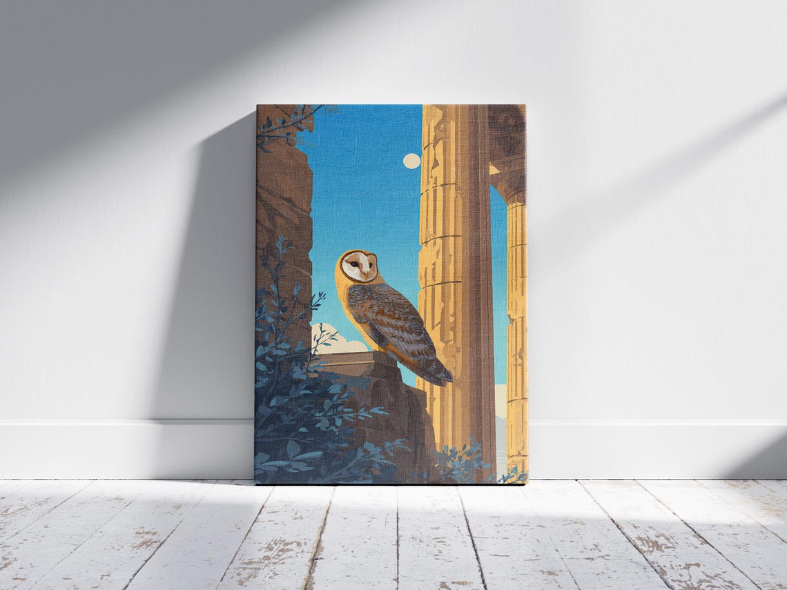 Barn Owl on Ancient Temple Ruins Moonlit Night Wildlife Art Poster - Image 2