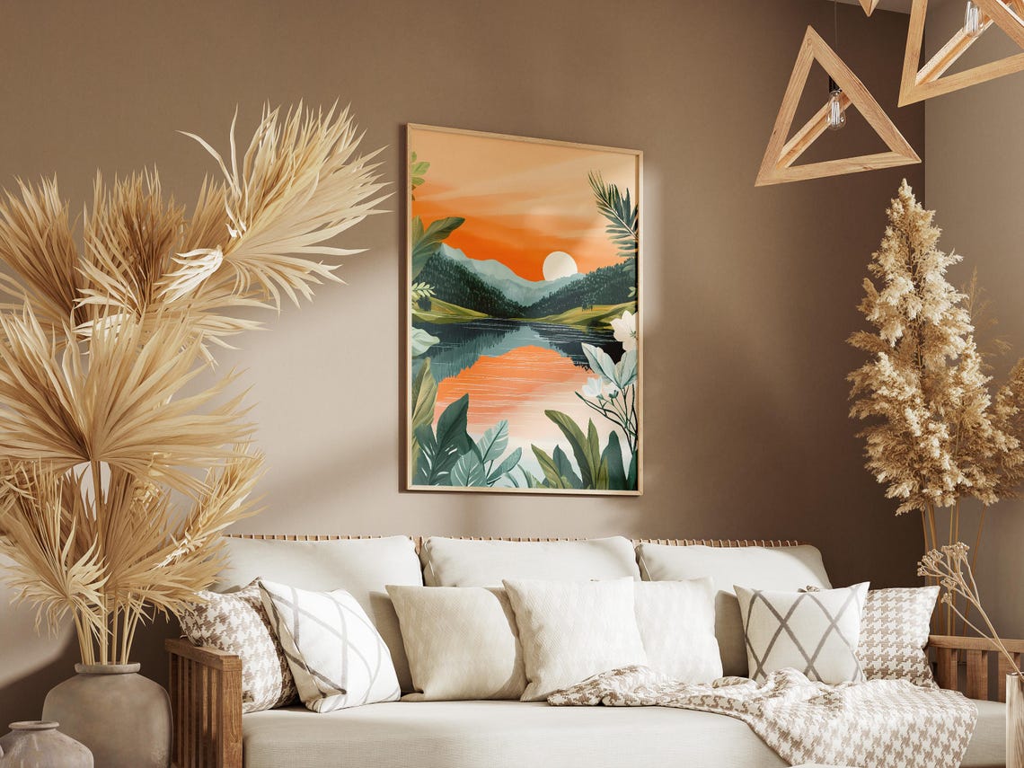 Tropical Sunset Lake With Orange Sky Modern Botanical Poster - Image 3