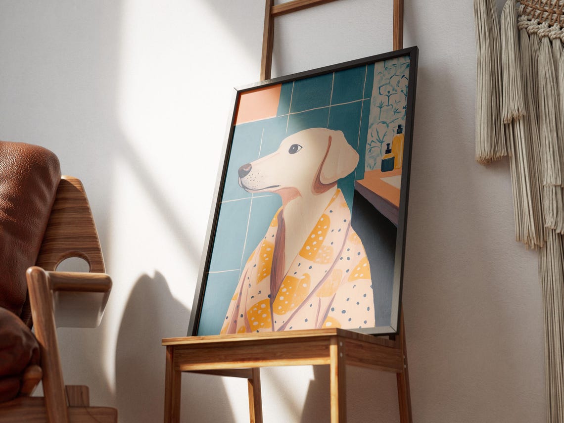 Labrador Dog Yellow Polka Dot Bathrobe Bathroom Cute Modern Art Poster - Image 3