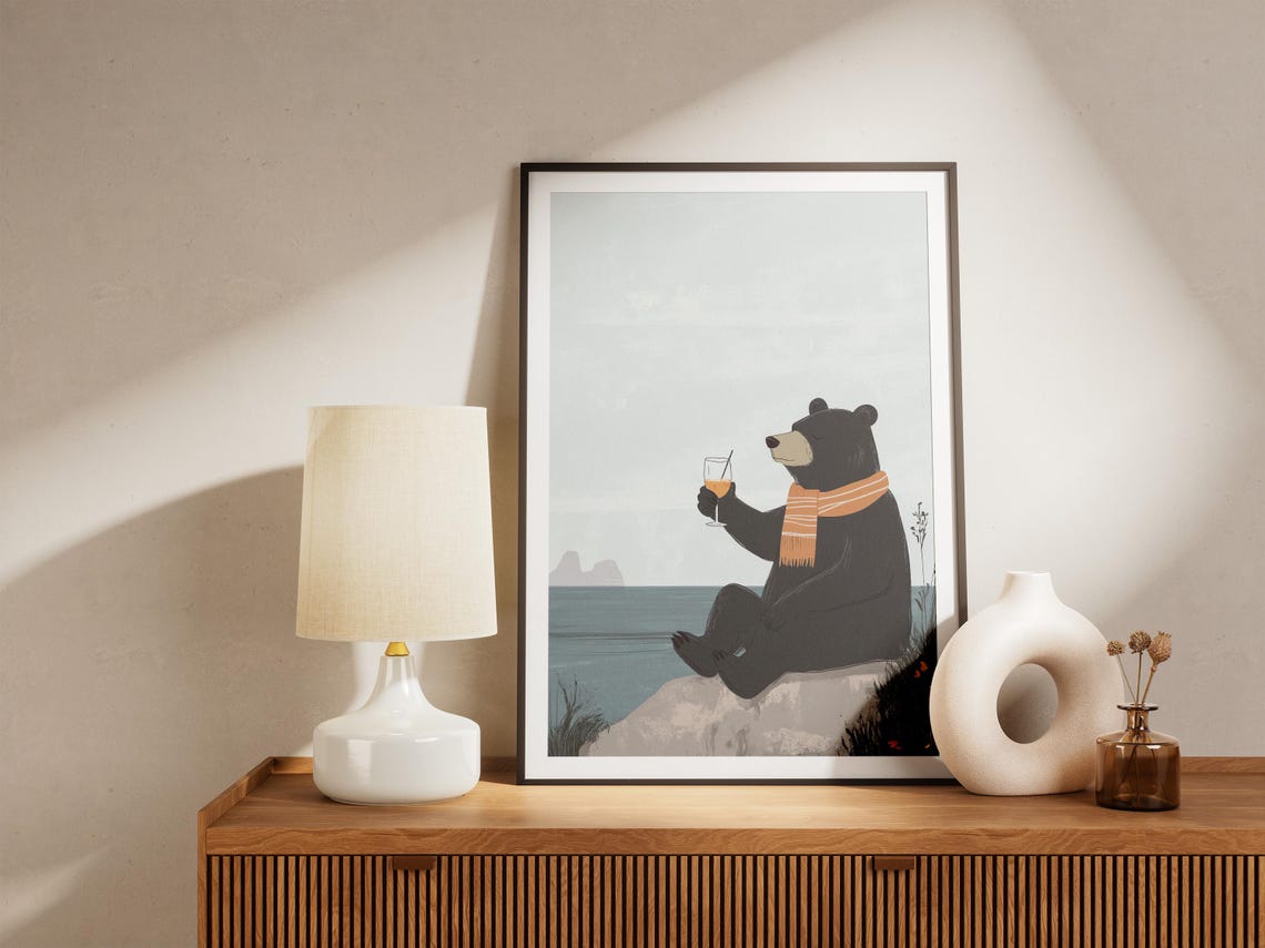 Black Bear In Scarf Drinking Cocktail Seaside Rock View Poster - Image 5