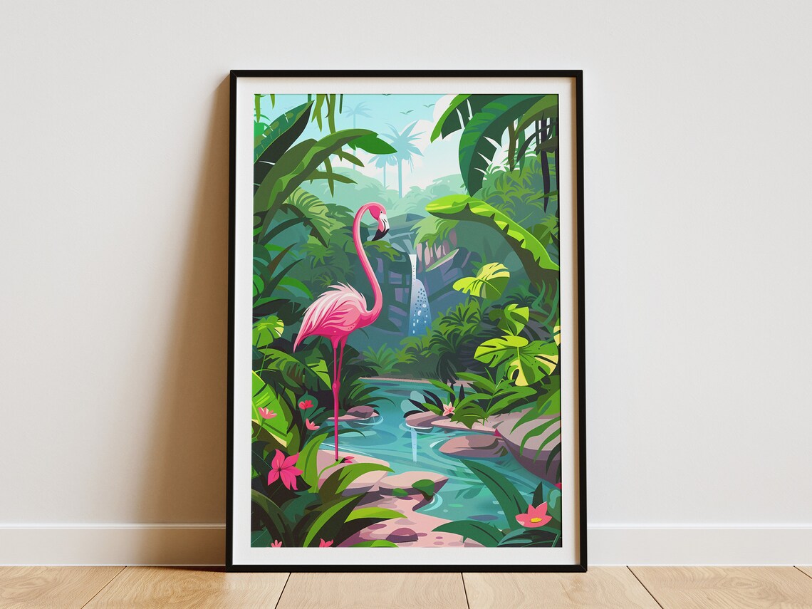 Pink Flamingo Jungle Stream Lush Oasis Paradise Tropical Poster