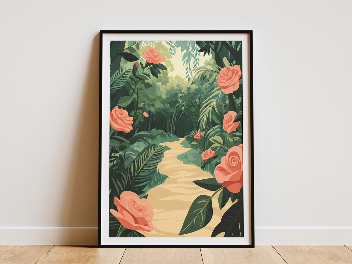 Coral Roses Climbing Along a Lush Forest Path Poster in Pink Garden